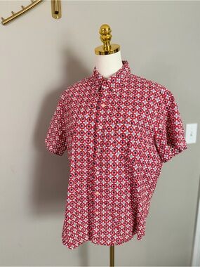 J. Crew Red Geometric Short-Sleeve Button-Down Shirt
